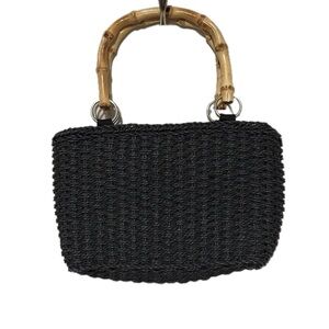 Black Woven Handbag with Bamboo Handle